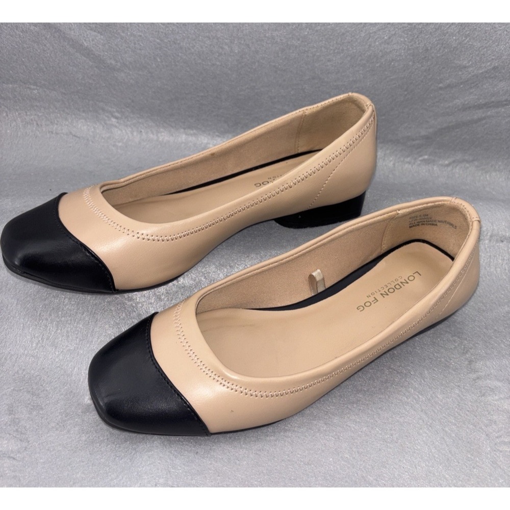 London Fog Ballet Flats 5.5 Nude/Black Comfortable Slip‎ On Classic Minimalist